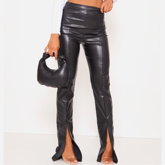 PrettyLittleThing Womn 6 Black Faux Leather High Rise Seam Detail Split Hem Pant - Picture 1 of 9